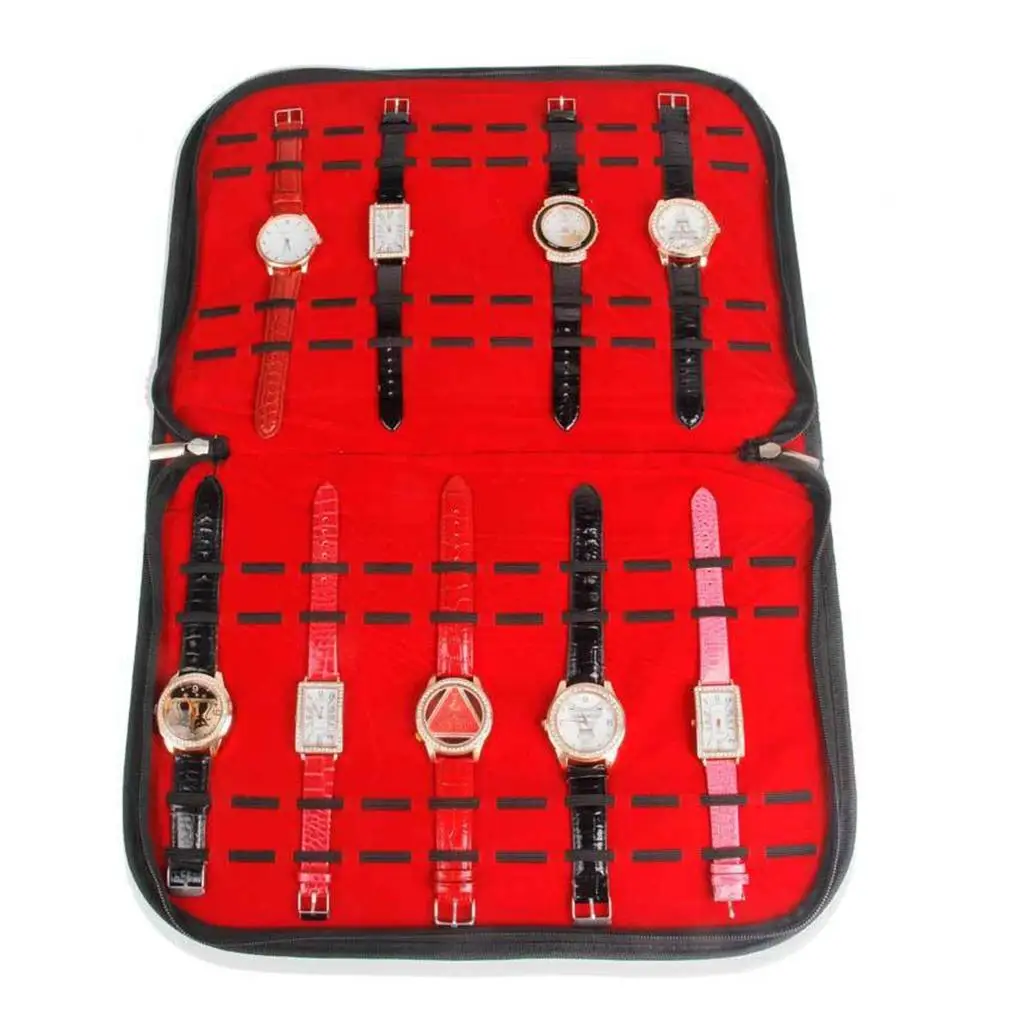 BLACK LEATHER 20 SLOT ZIPPER  CASE STORAGE BOX ORGANIZER RED INTERIOR