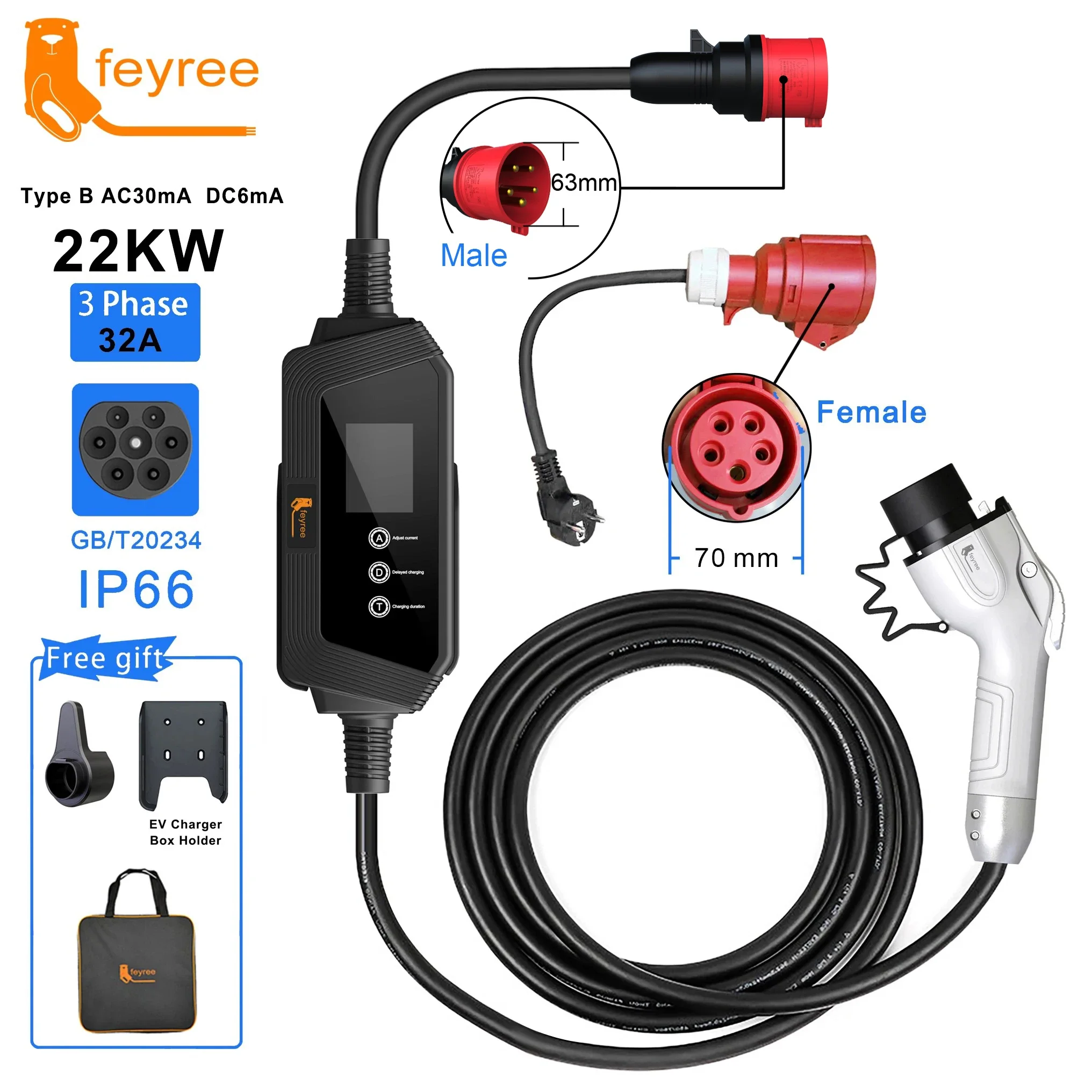 feyree 22KW 32A 3Phase Portable EV Charger GBT Plug Fast Charging Box 5m Cable Adjust Current for Electric Car Charging Station