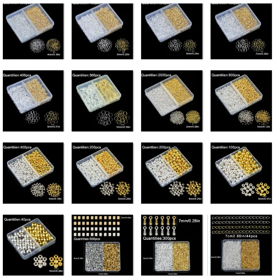 Boxed Gold Color Matal Covers Karabinerverschluss Crimp Hooks End Beads Jump Rings Flat Ball Head Pins für DIY Schmuck Armbandherstellung