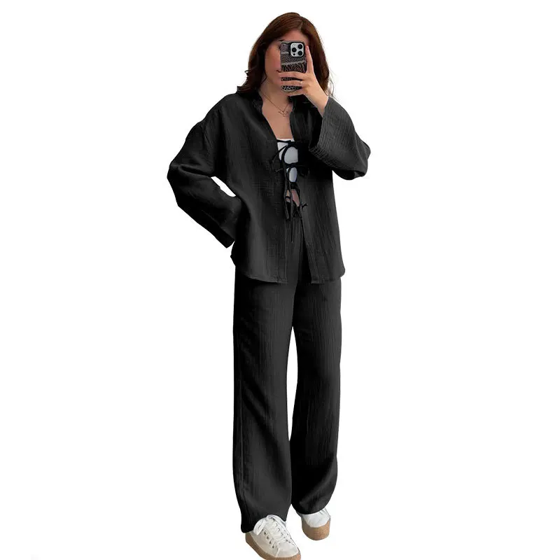 ฤดูร้อนฤดูใบไม้ร่วงผ้าฝ้าย 2 ชิ้นชุดชุดสตรี 2025 สีทึบLace-Upแขนยาวเสื้อสเวตเตอร์ถักสบายๆกางเกงขากว้างกางเกงชุด