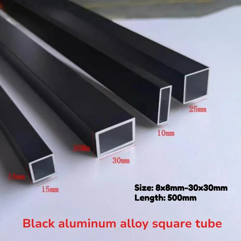 1/2 Stück 500 mm schwarzes Aluminium-Vierkantrohr, rechteckiges Rohr, leicht, langlebig, für Dekoration im Außenbereich, 8x8-30x30 mm – Detail 1