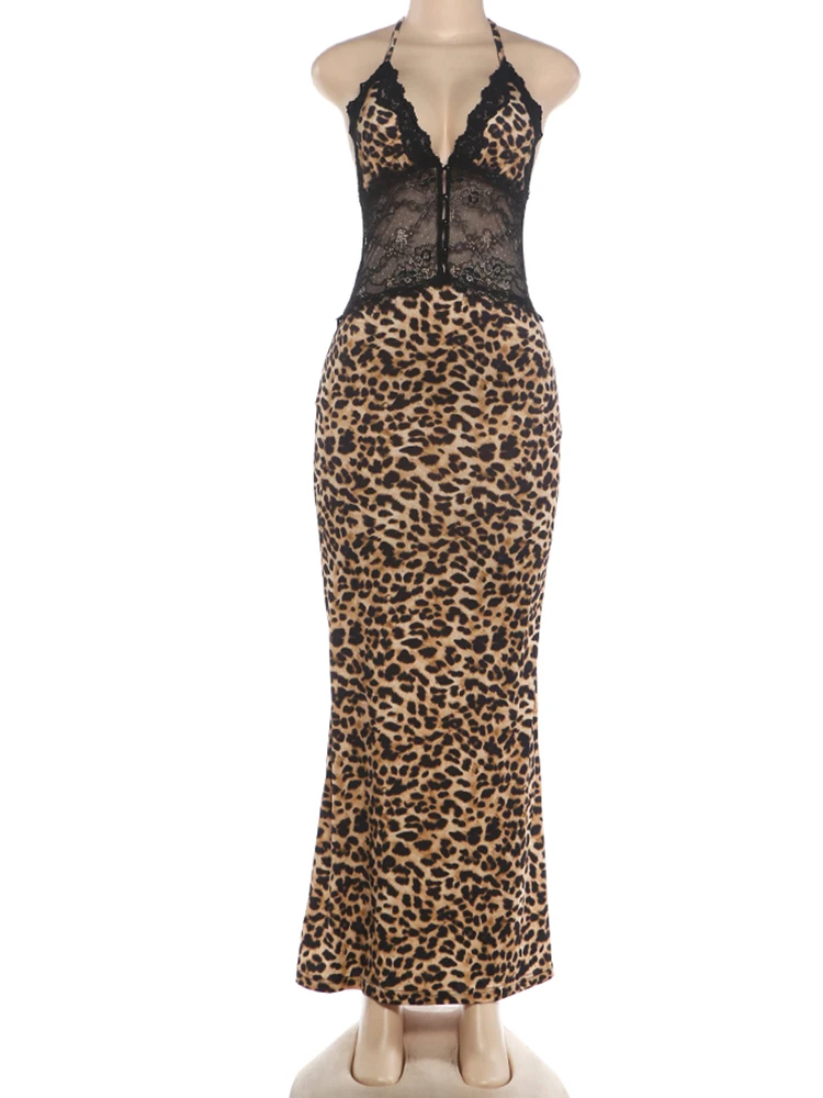 Weird Puss Spitzen-Patchwork-Kleid für Damen, Leopardenmuster, rückenfrei, Neckholder, Bandagen, ärmellos, sexy, für Partys, Streetwear, Maxi, figurbetont – Detail 4