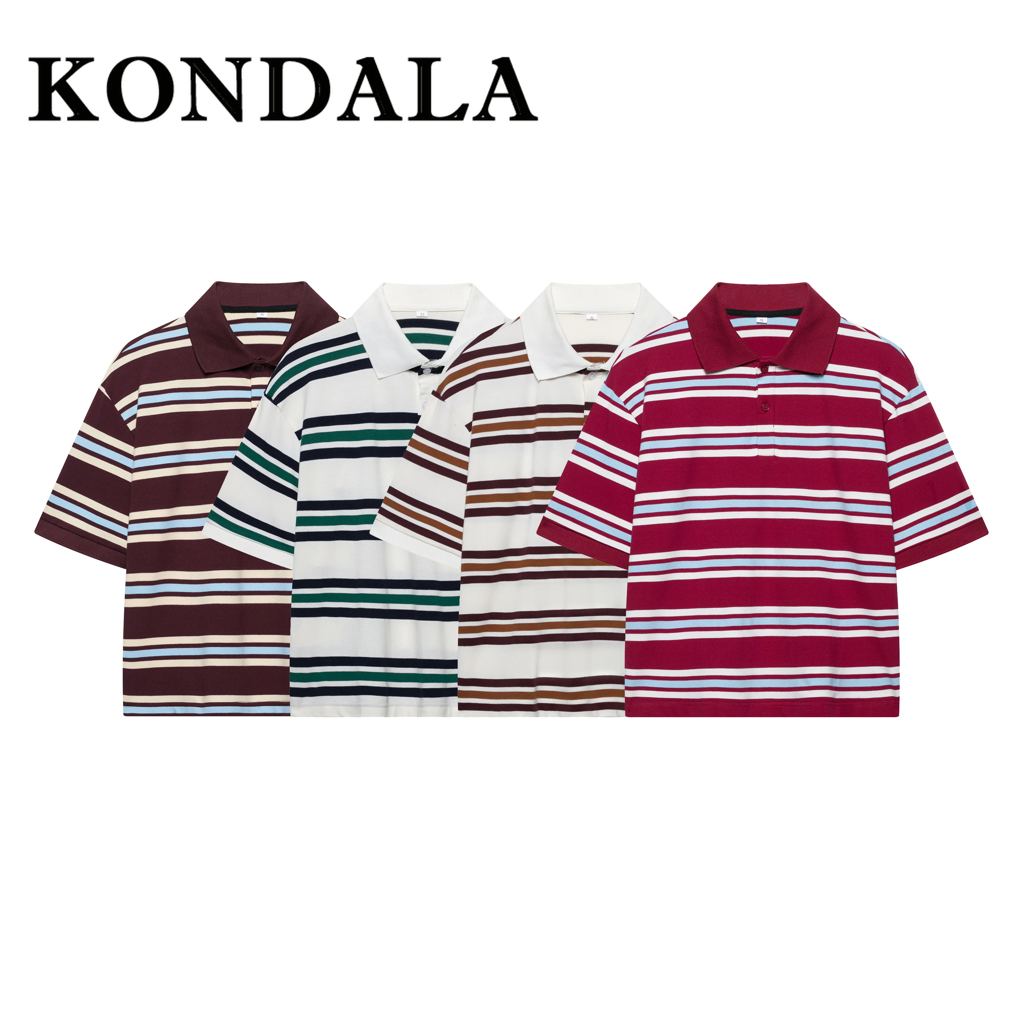 KONDALA Casual Sporty Short Sleeve Polo Woman Shirt Stripe Summer Loose Comfortable Streetwear Cotton Fashion 2025 Basics Tops