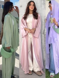 Donne Musulmane Kimono in raso rosa Abaya Damen Dubai elegante caftano di lusso abito modesto Islam caftano Marocain Robe Femme Musulmane