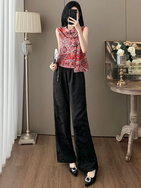 

Модный летний женский комплект 2026: топ без рукавов и брюки с широкими штанинами, элегантный китайский стиль, воротник-стойка, длинные брюки