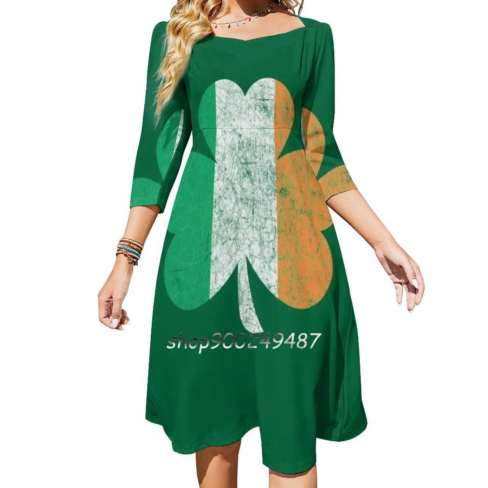 Irish Shamrock Day Square Neck Dress Sweet Summer Dress Women Elegant Halter Print Dress Irish Shamrock Ireland Irish Saint