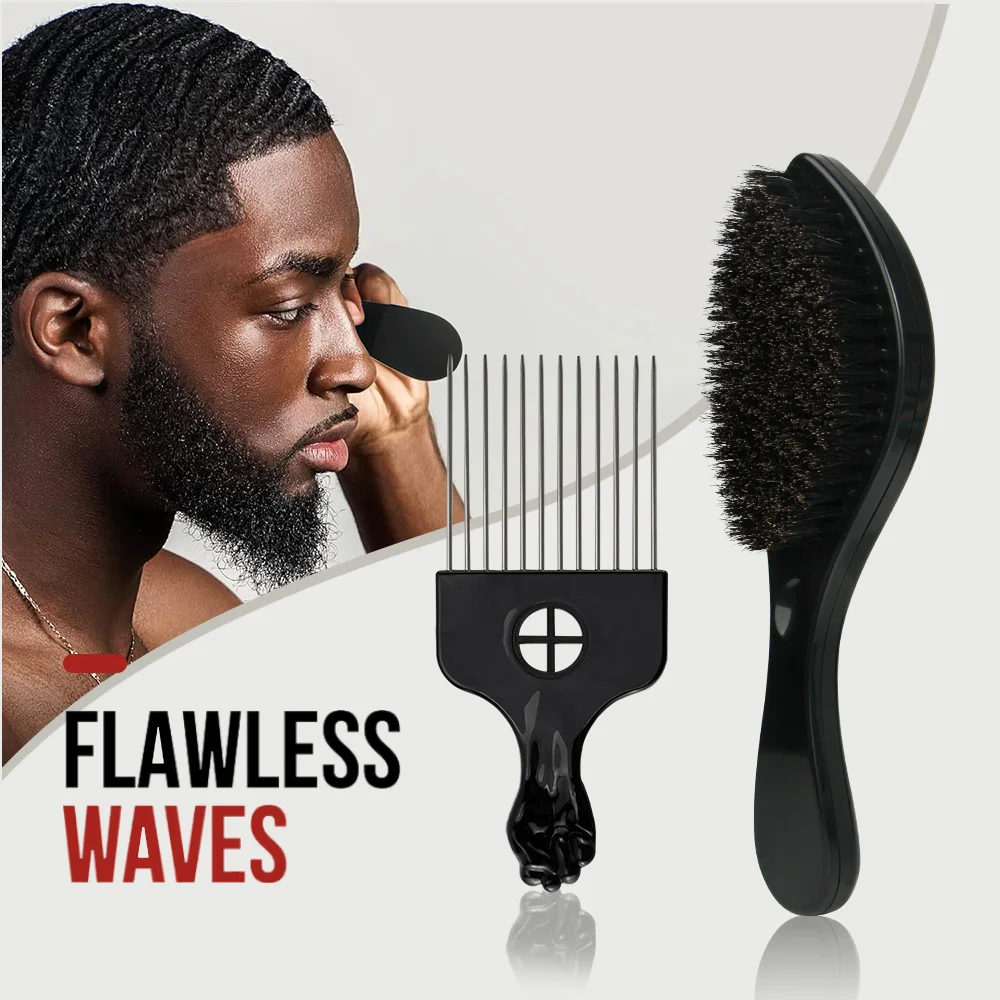 

Powerful Styling Wave Brush and Comb Set, Two-Piece Set, Premium Boar Bristles, Vintage Salon Style, Wide-Tooth Comb, Integrated Handle, Anti-Static, Grooming Tools, Men's Wavy Hair Styling for Everyday Use