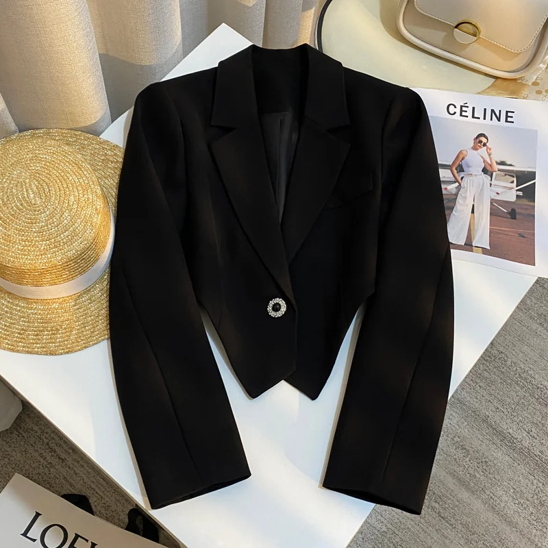 

women Black Short Padded Shoulder Suit Jacket Female Fashion Long Sleeve Simple Vintage French Suit Jacket
