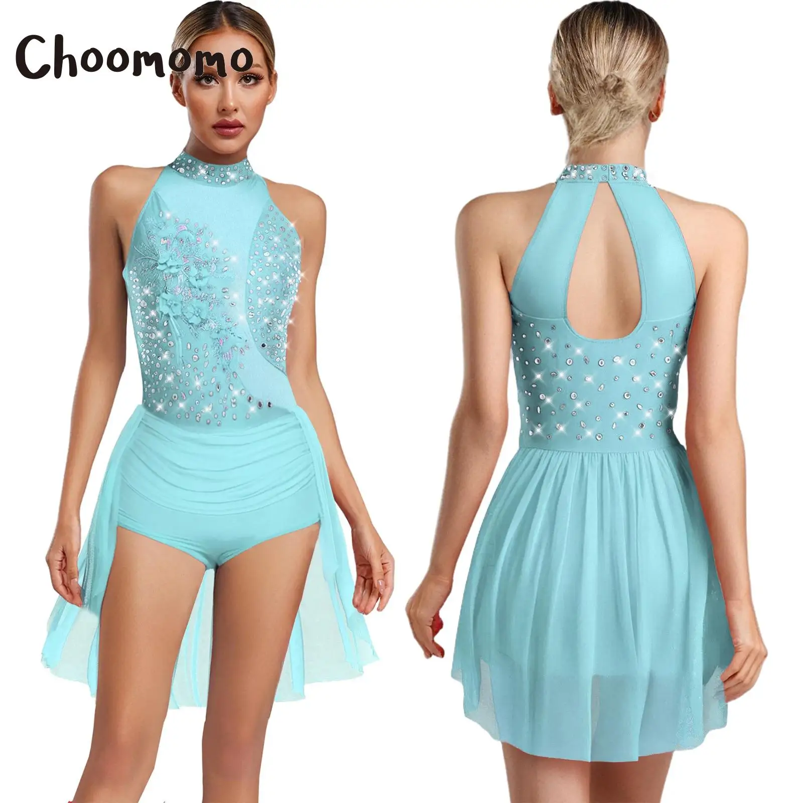 

Women Latin Cha-cha Samba Dance Performance Costumes Sleeveless Rhinestone Irregular Skirted Gymnastics Skating Leotard Bodysuit