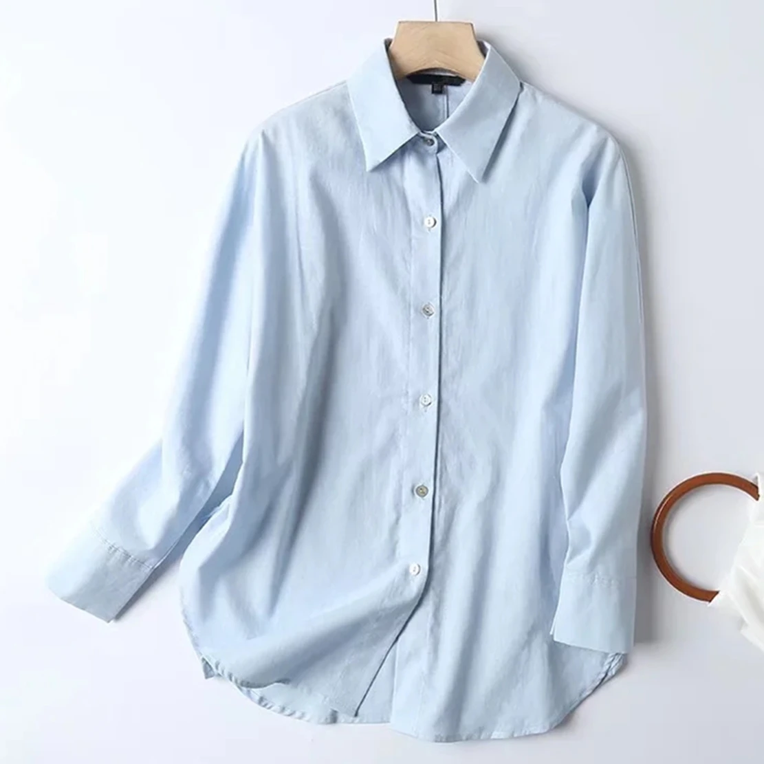 Maxdutti England Style Color Casual Shirt Cotton And Linen Loose Blouse Women Fashion Blue Blouse Tops