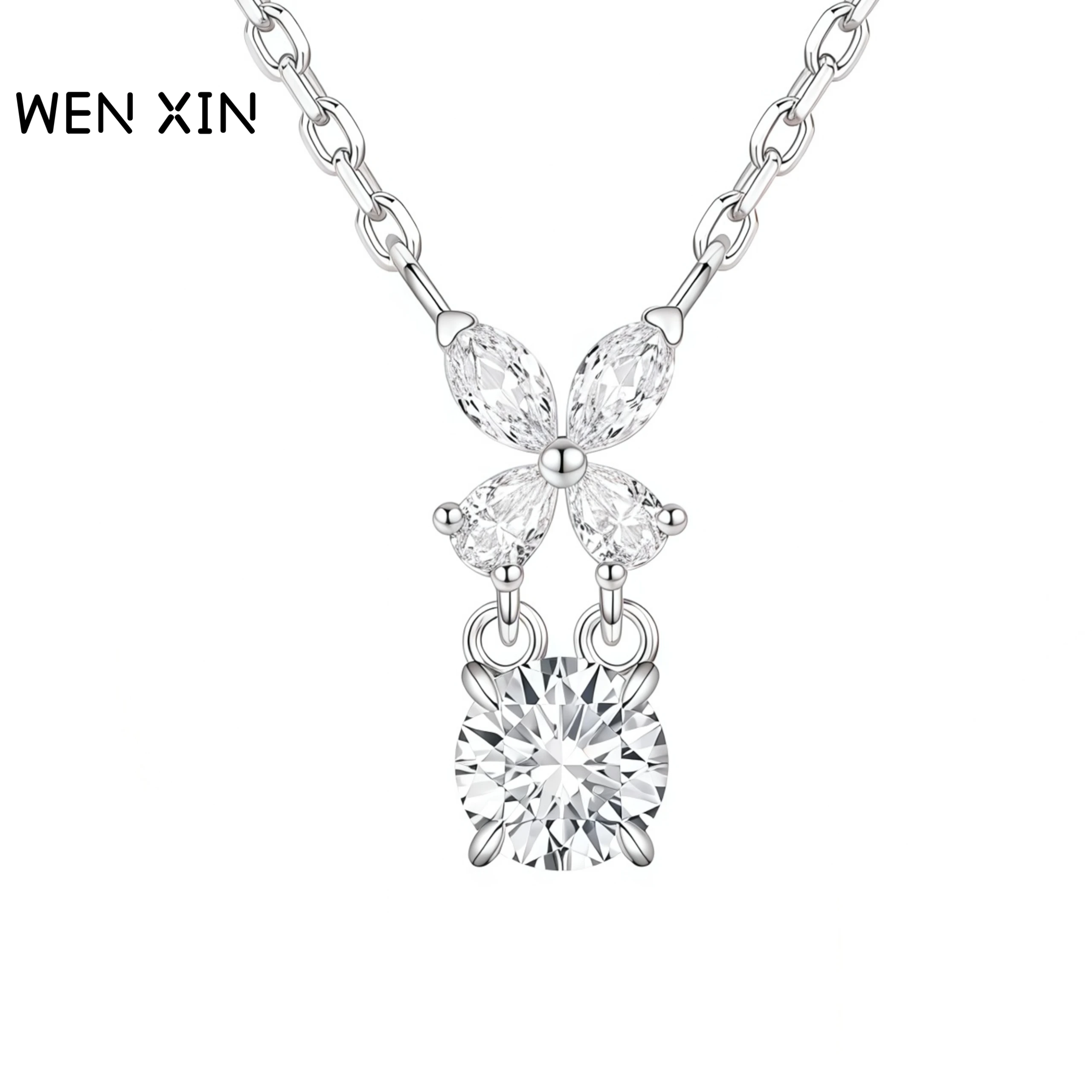 

WENXIN Luxury Butterfly Round Diamond Necklace Zircon Necklace Pendants 925 Sterling Silver Pendant Necklaces Fine Jewelry