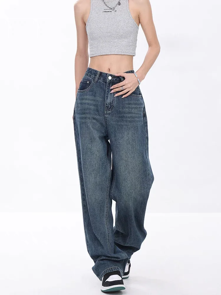 Niebieskie dżinsy damskie 90s Vintage Personality High Waisted Straight Trouser Streetwear Casual Loose Girl Wide Leg Classic Denim Pants