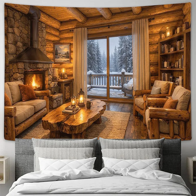 Cozy Wooden Cabin Fireplace Interior Wall Tapestry Machine Washable All Season Decor Art Print Rustic Lodge Design Home