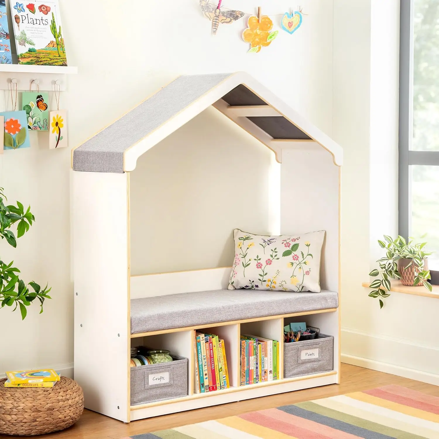 

EdQ Kids' Reading Nook - White: Wooden Reading Bench Bookshelf Organizer with Storage Cubbies and Bins, Customized