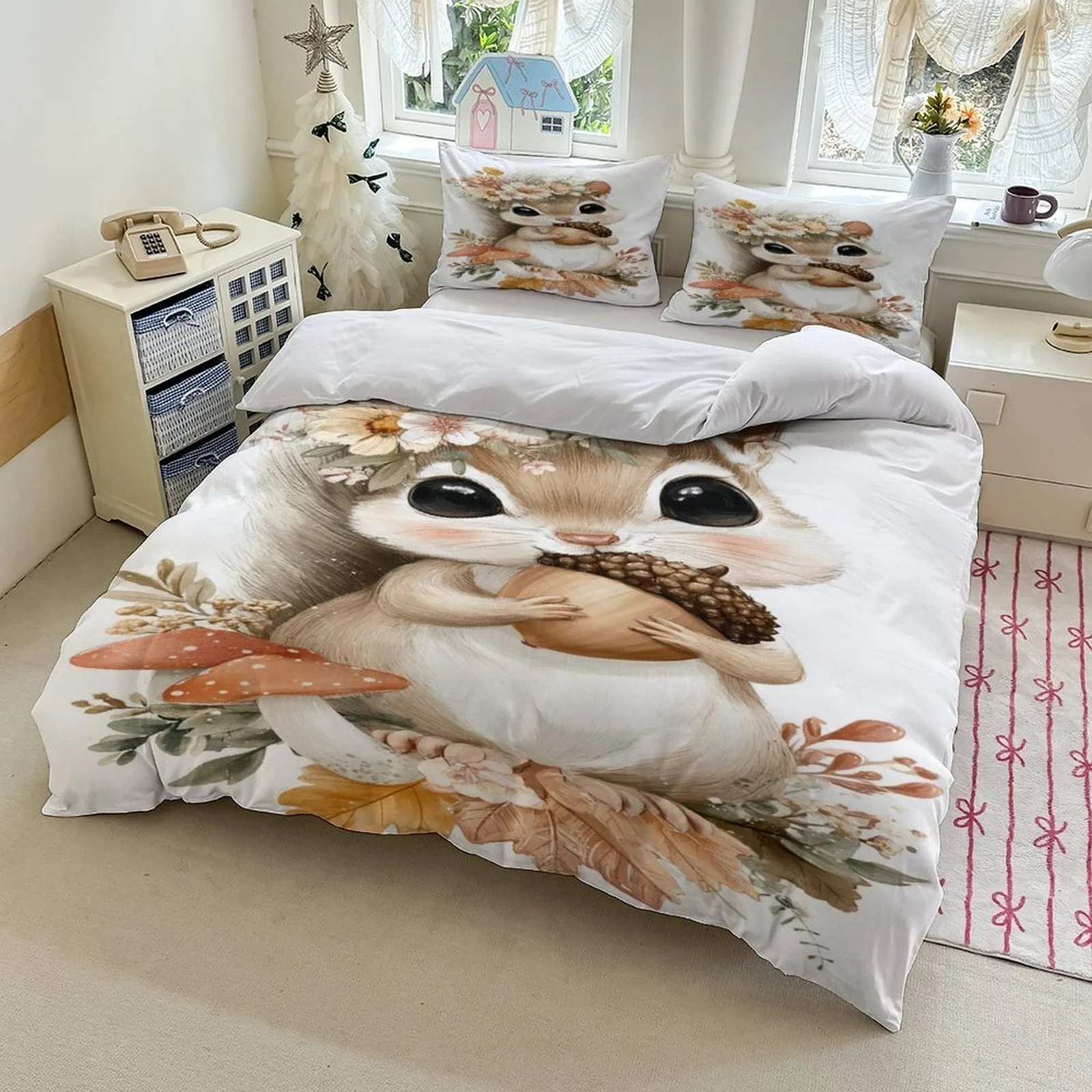 Cute Squirrel Bedding Set Soft Polyester Duvet Cover Set Quilt Cover With Pillowcase For Bedroom Decor Birthday Gift For Girls
