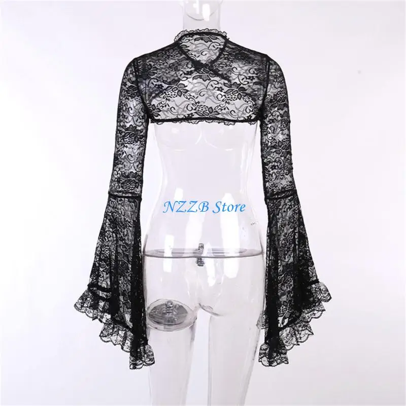 

T21F Women Vintage Gothic Flared Long Sleeve T-Shirt See Through Floral Lace Shrug Cardigan Aesthetic Cover Up Crop Tops