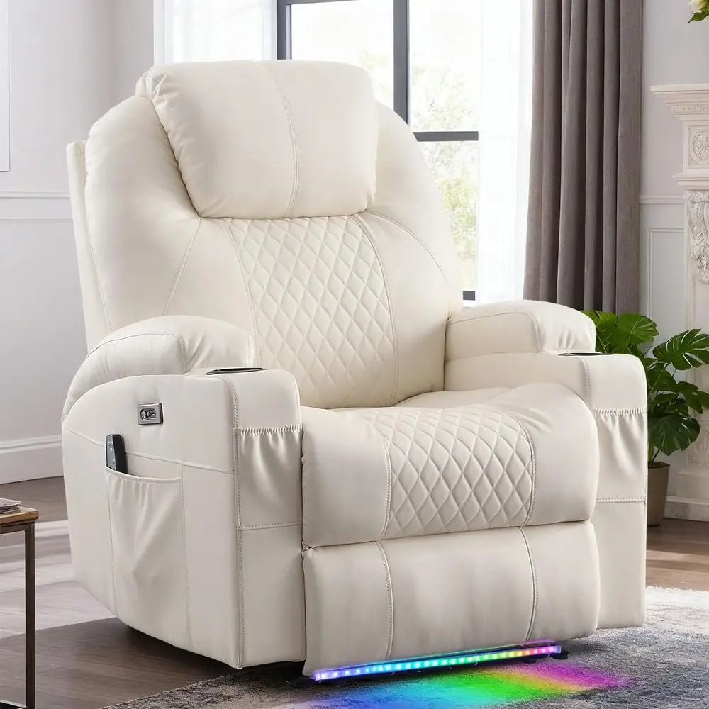 

Beige Single Recliner Chair with Heat, Massage, LED Lights, Cup Holders, Side Pocket, and USB Port for Home Theater or Living Ro