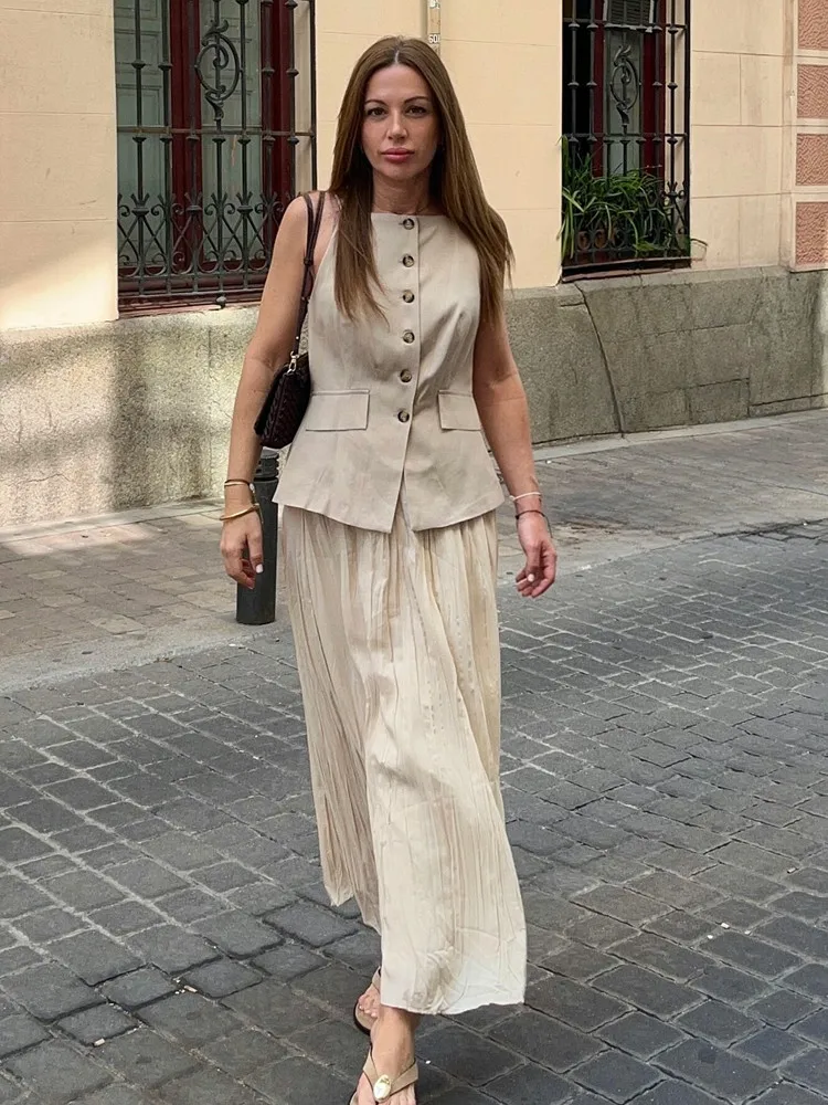 UNIZERA 2025 Zomer Nieuwkomers Dameskleding Single-Breasted Kleine Plooirok Midi Vest Splicing Jurk