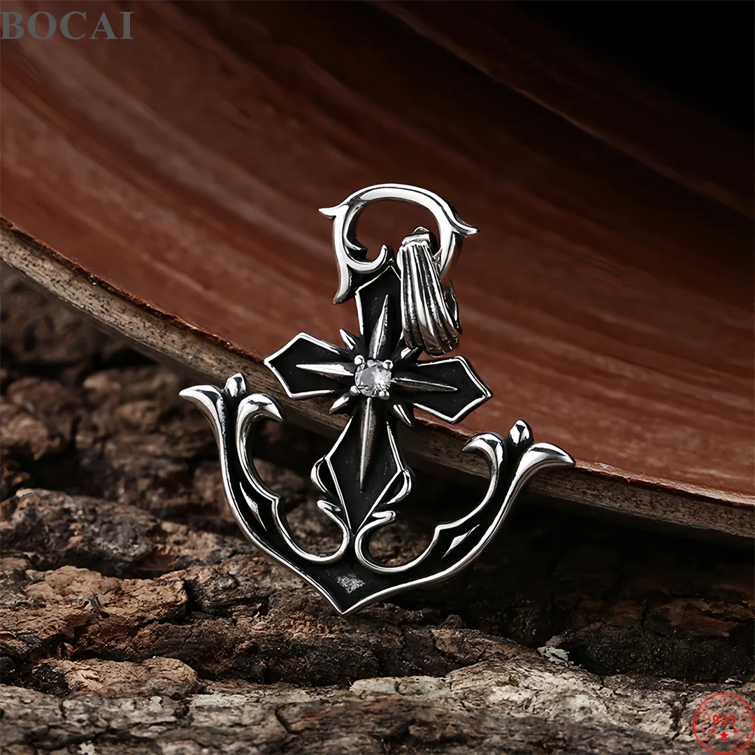 BOCAI Real Solid s925 Sterling Silver Charms Pendant for Men Women Six-pointed Star Zircon Ship-anchor Charm Fine Choice Jewelry