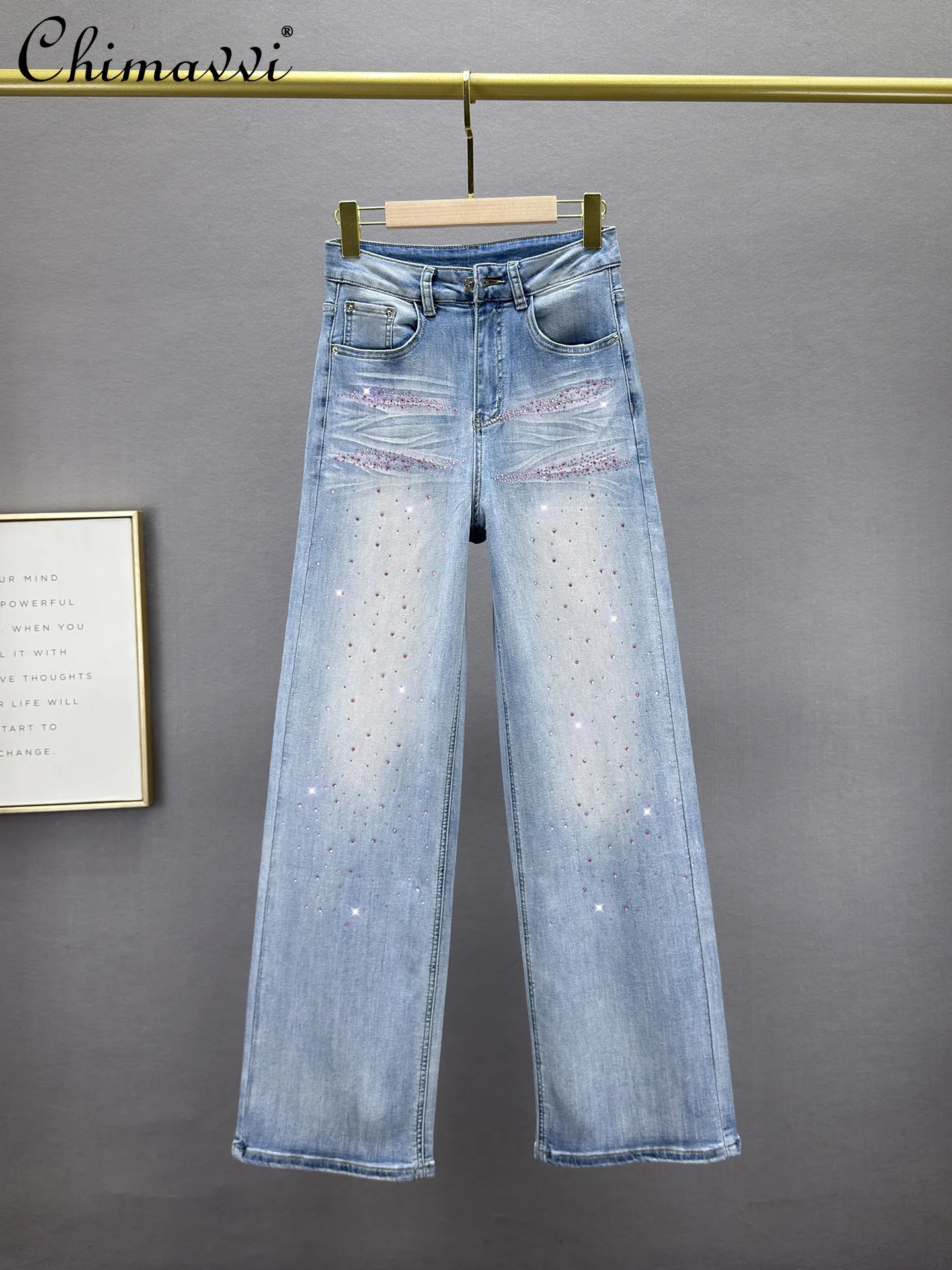 

Pink Rhinestone Jeans Women's Straight-leg Pants 2026 Spring New Fashion High-waisted Slim European Style Extra Long Jeans