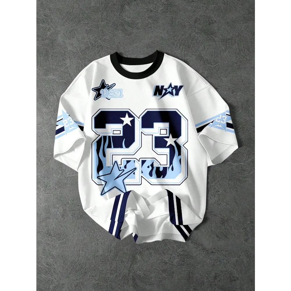 Y2K American Football 23 Star Flame Printed Graphic T‑shirts Hip Hop Short Sleeve Oversized Streetwear Casual Loose Tees Unisex