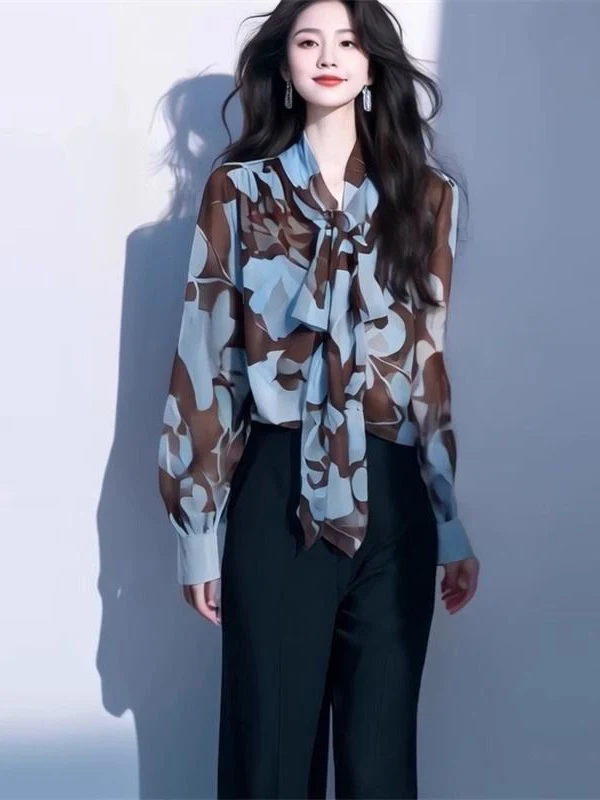 

Retro Floral Print Blue Chiffon irt Women's Spring New Sle High Sensation Long Sve Sun Protection Top Loose Fit V-Ne