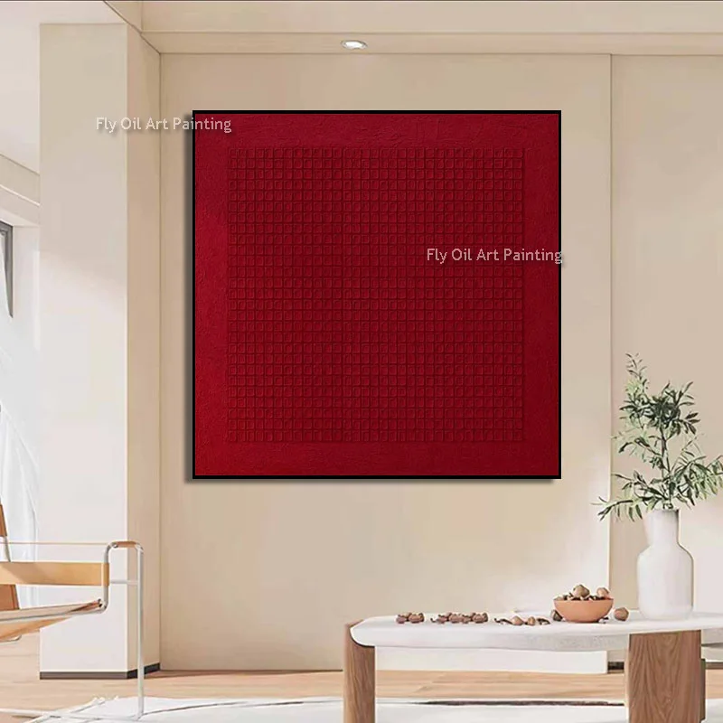 Mark Rothko Style Burgundy Grid Canvas Art, Hand‑painted Impasto Oil Painting, Textured Square Wabi‑Sabi Wall Decor