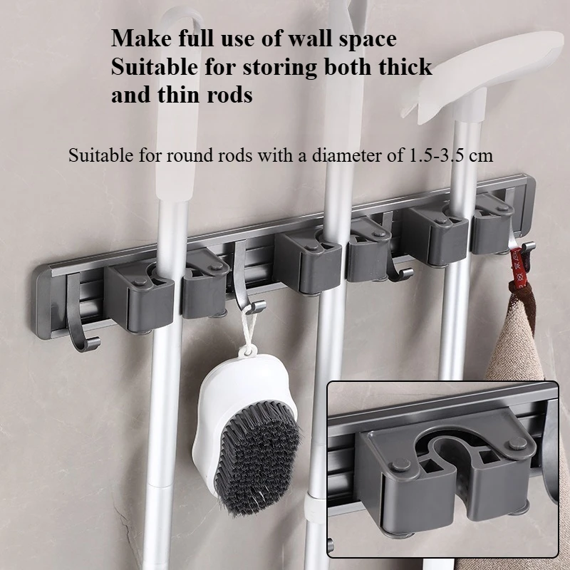 Wall Mounted Mop & Broom Organizer Rack with 5 Hooks Strong Mop Holder Self Adhesive for Kitchen Bathroom Cleaning Tools Storage