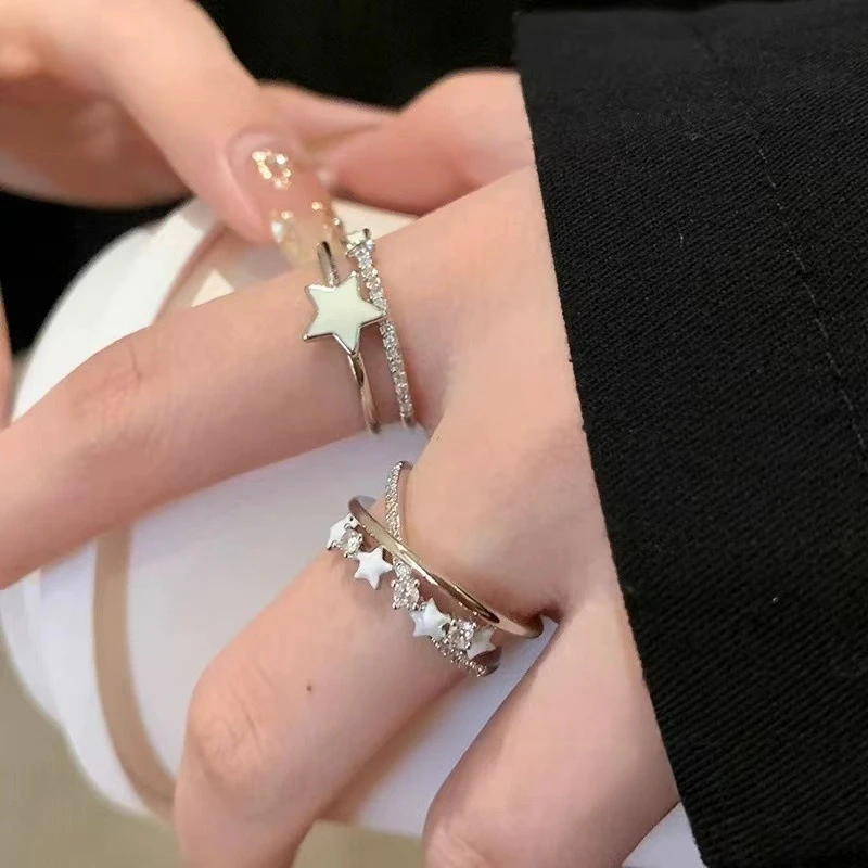 

Fashion Y2K Star Zircon Crystal Rings for Women Girls Delicate Double Laver Open Ring Aesthetic Jewelry Accessories Party Gifts