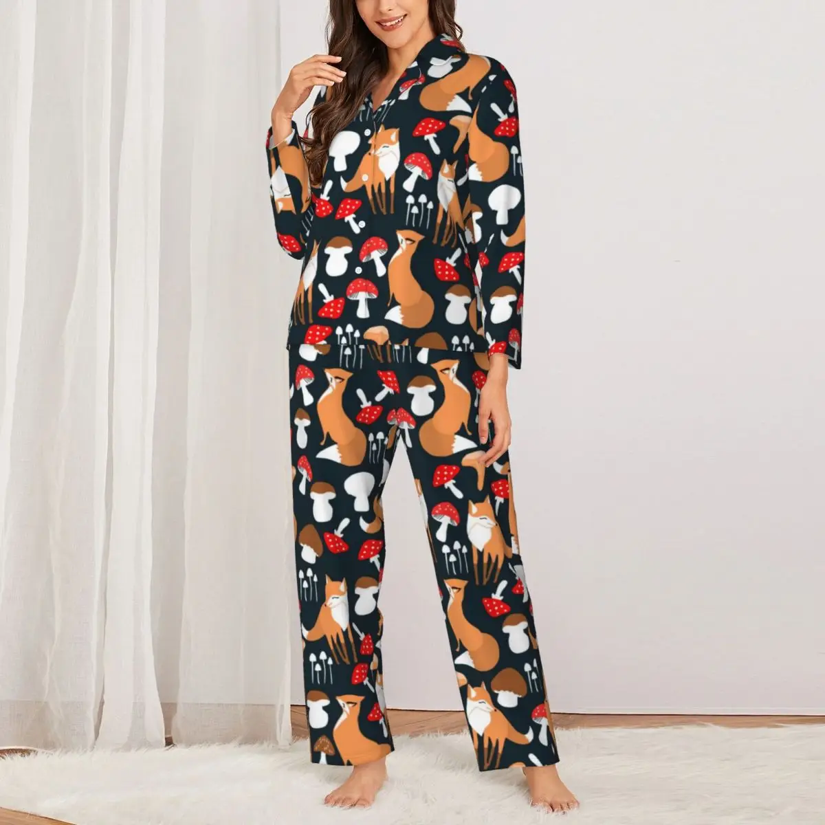 Cute Fox And Mushrooms Pajama Set Autumn Animal Print Warm Night Sleepwear Female Two Piece Loose Oversized Nightwear Gift