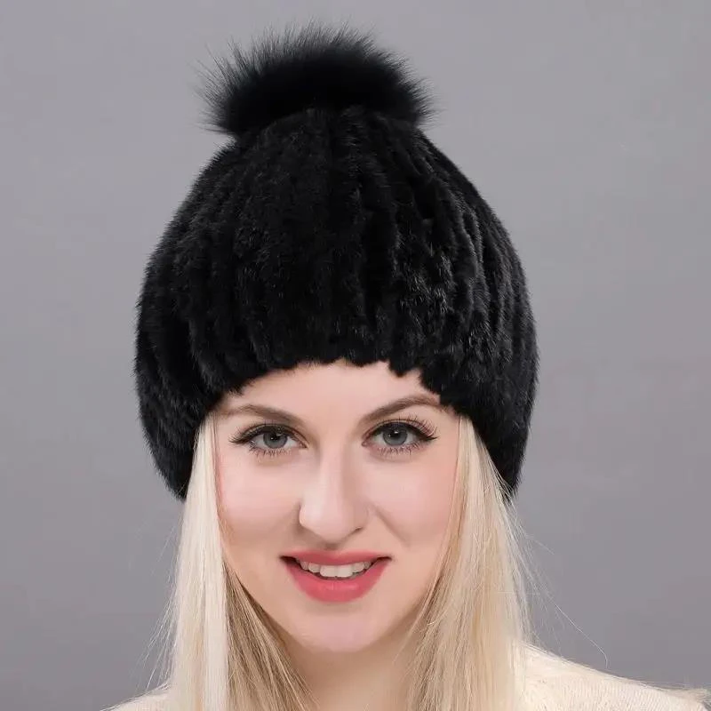 

Luxury Winter Women's Knitted Cap Real Mink Fur Hat with Fox Fur Ball Top Quality New Hot Selling Fashionable Warm