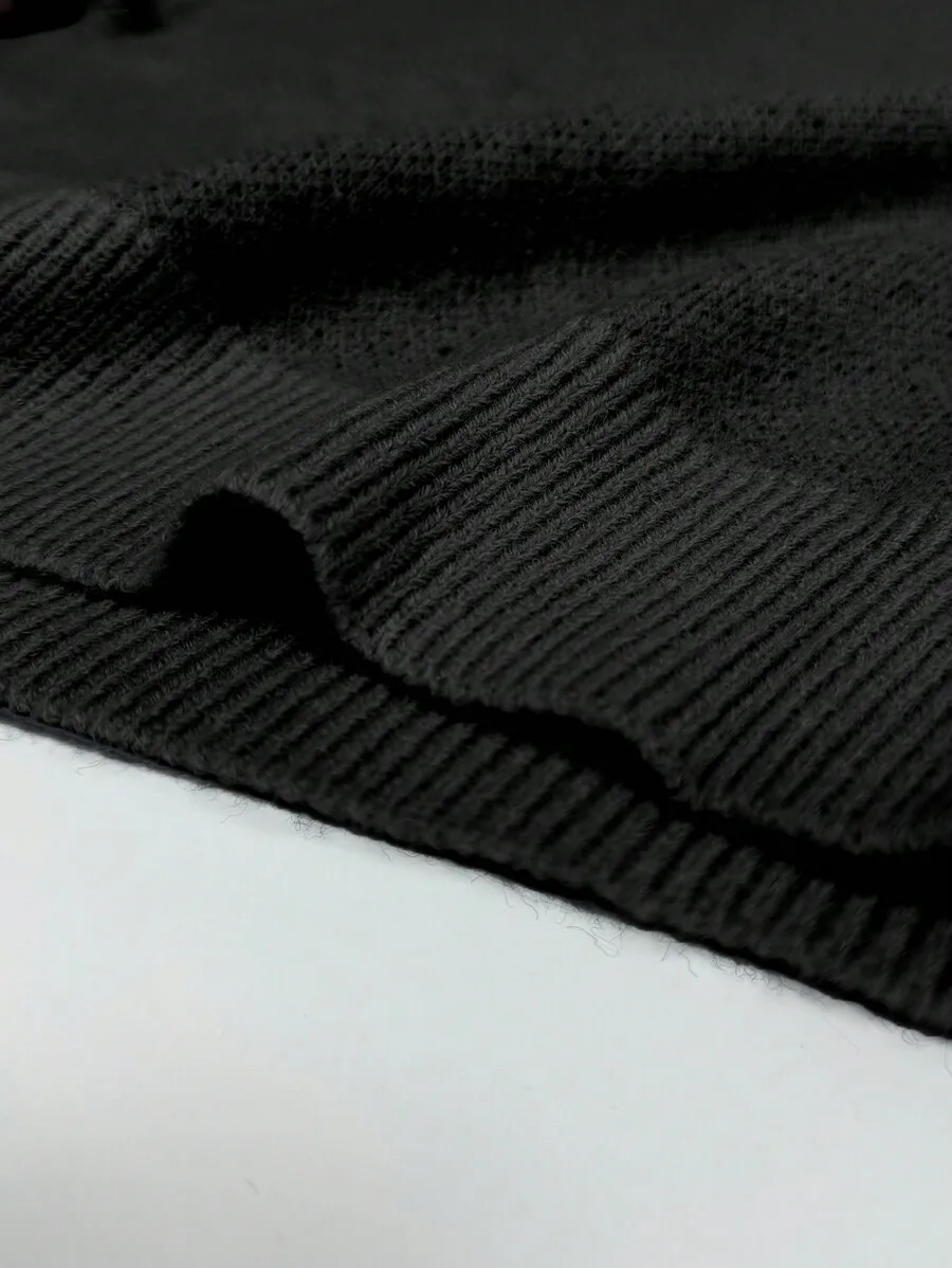 Black Drop Shoulder Knit Sweater with Purple Skeleton Graphic for Halloween & Casual Wear