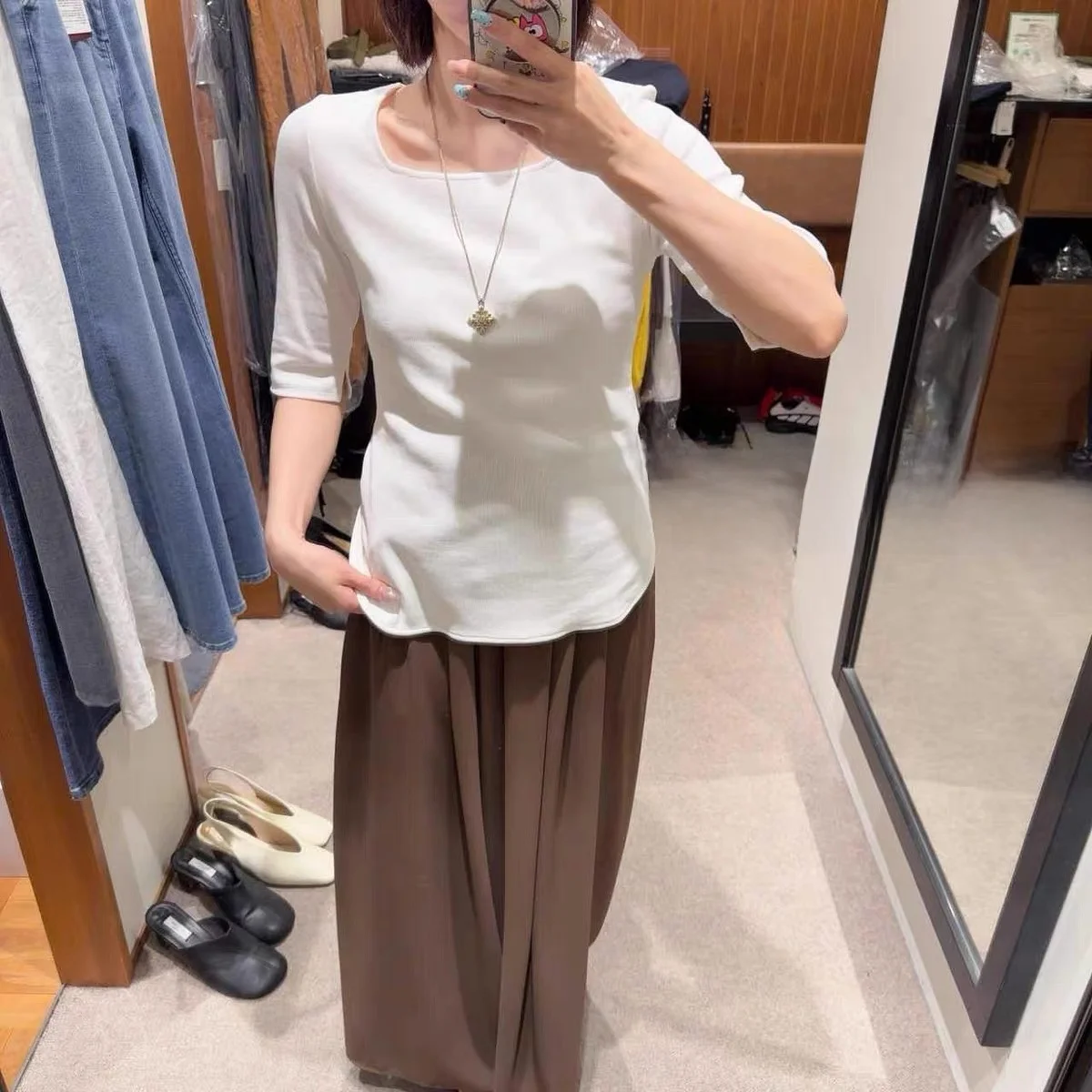 Summer New Pure Color Five-Quarter Sleeve Knitted T-Shirt Women's Loose Fit Moisture Wicking round Neck Top in Commuter Style