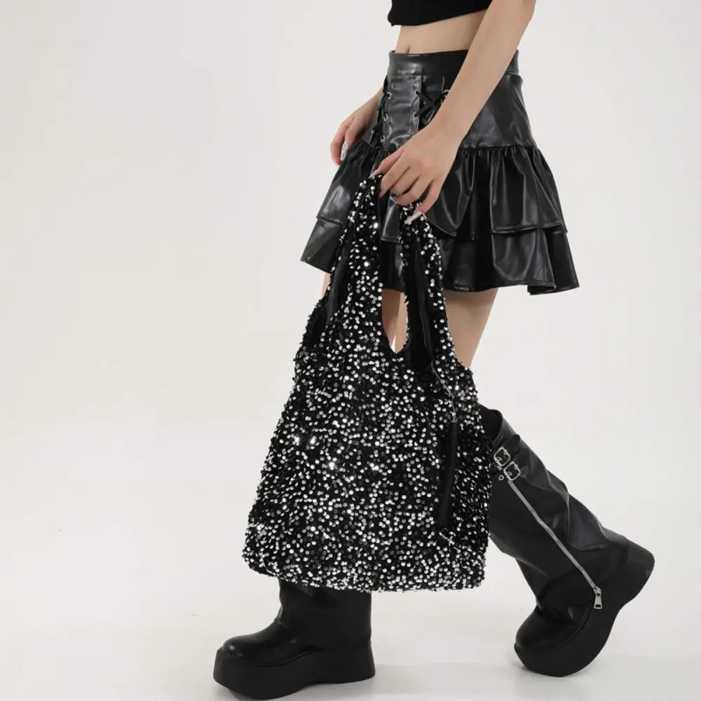 Borsa da sera casual Borsa tote con paillettes Borsa lucida Borsa a tracolla argento Borsa hobo grande moda Studenti