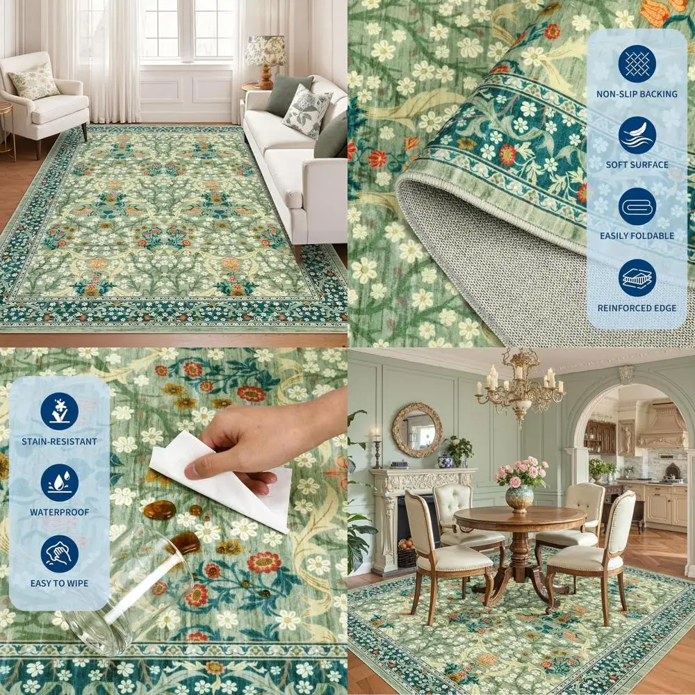 

Sage Green 8x10 Area Rug - Washable, Non-Slip, Stain Resistant, Soft Floral Design for Living Room, Bedroom, Dining Room, Nurser