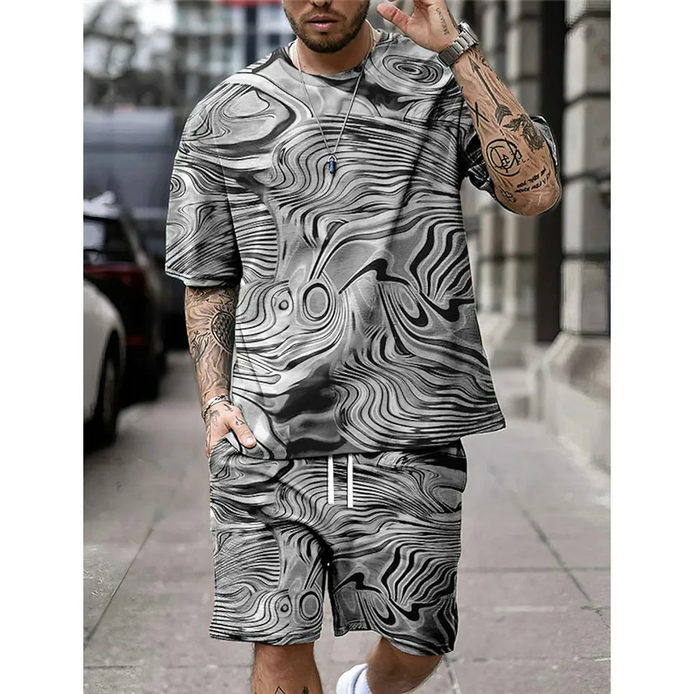 Men\'s Casual Oversized Suit, 3D Geometric Print Pattern, Lightweight and Breathable, Cool and Soft Athletic Casual Street Fashio