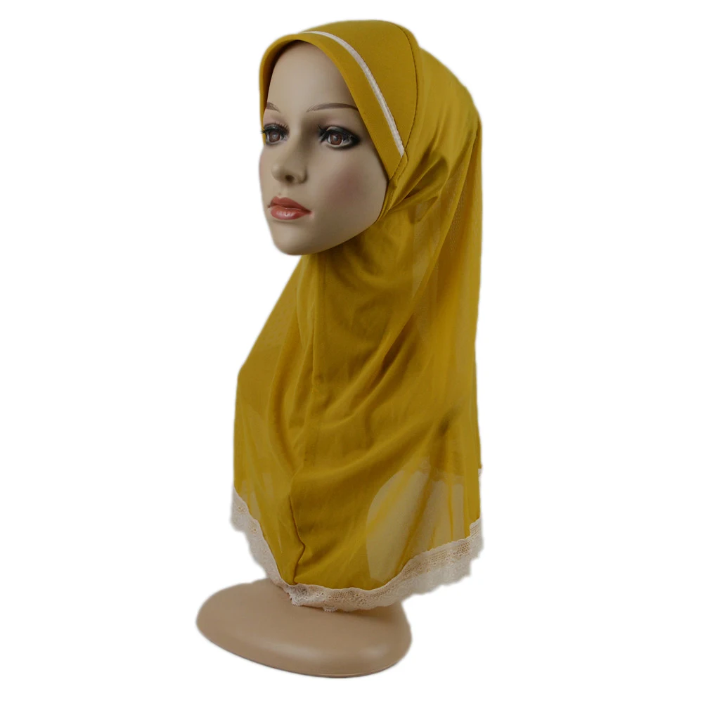 High Quality Medium Size Muslim Amira Hijab with Lace Pull On Islamic Scarf Head Wrap Pray Scarves Headwear for Big Girls 6-12Y