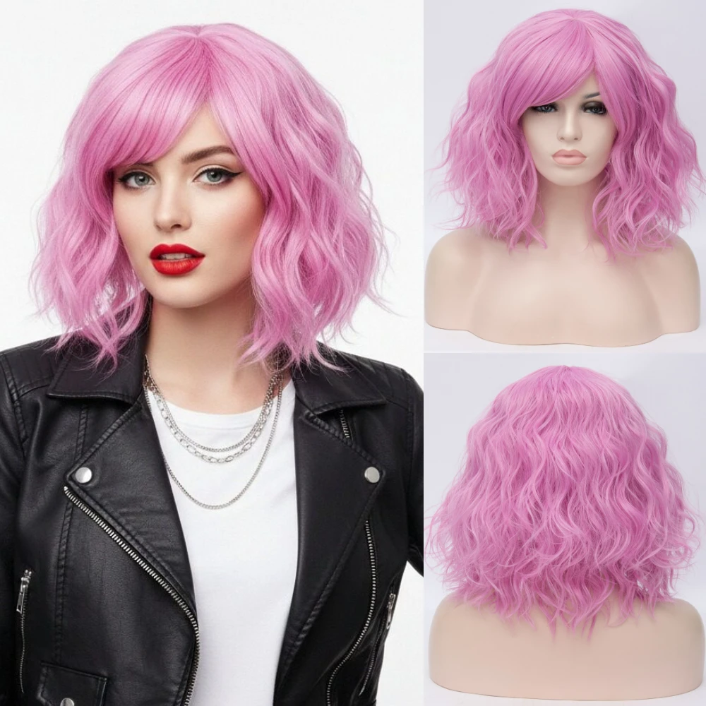

Короткий волнистый боб, розовый синтетический парик с челкой, термостойкое волокно для женщин, милый парик для косплея