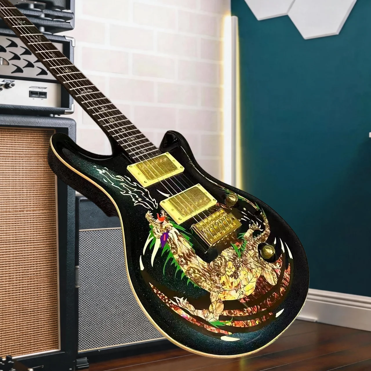PR Custom 24 Dragon Inlay Electric Guitar Chameleon Green Color Gold Hardware Floyd Tremolo Small Double Collectible Guitar view 5
