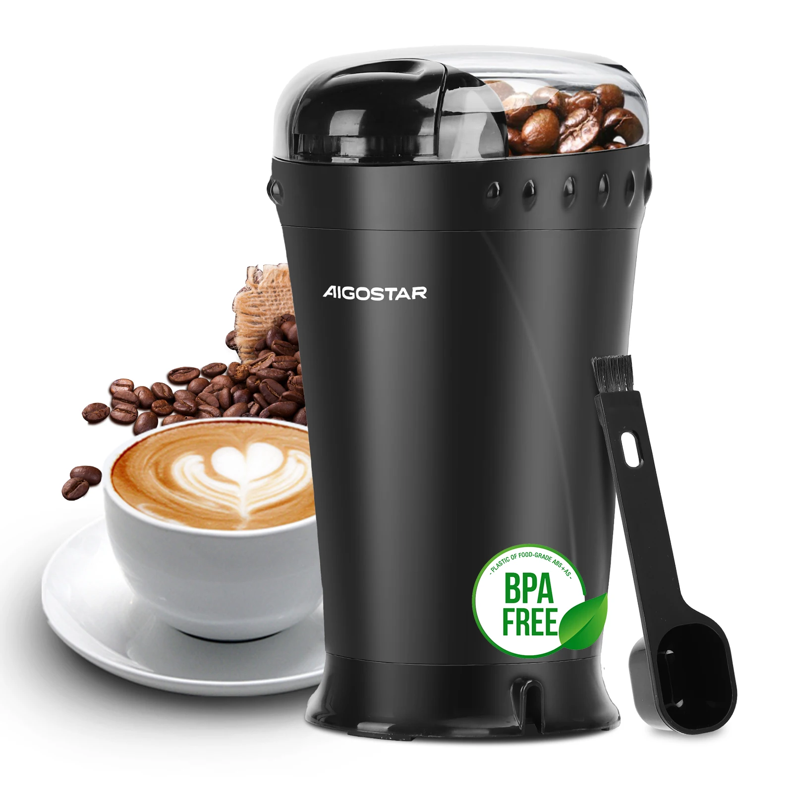 Aigostar Kaffeemühle Elektrisch Gewürzmühle Kaffee Mühle für Kaffeebohnen, Getreide, Gewürze und Nüsse, Edelstahl Schlagmesser, 60g Bohnenbehälter, Elektrische Propellermühlen,150 Watt, Schwarz