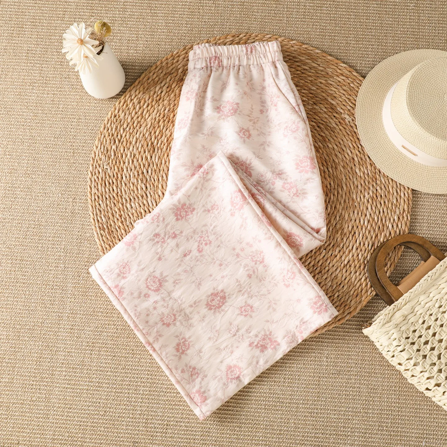 Floral Embroidery High Waist Straight Leg Pants Women's Summer New Style Casual Cotton Polyester Lyocell Blend Long Pants