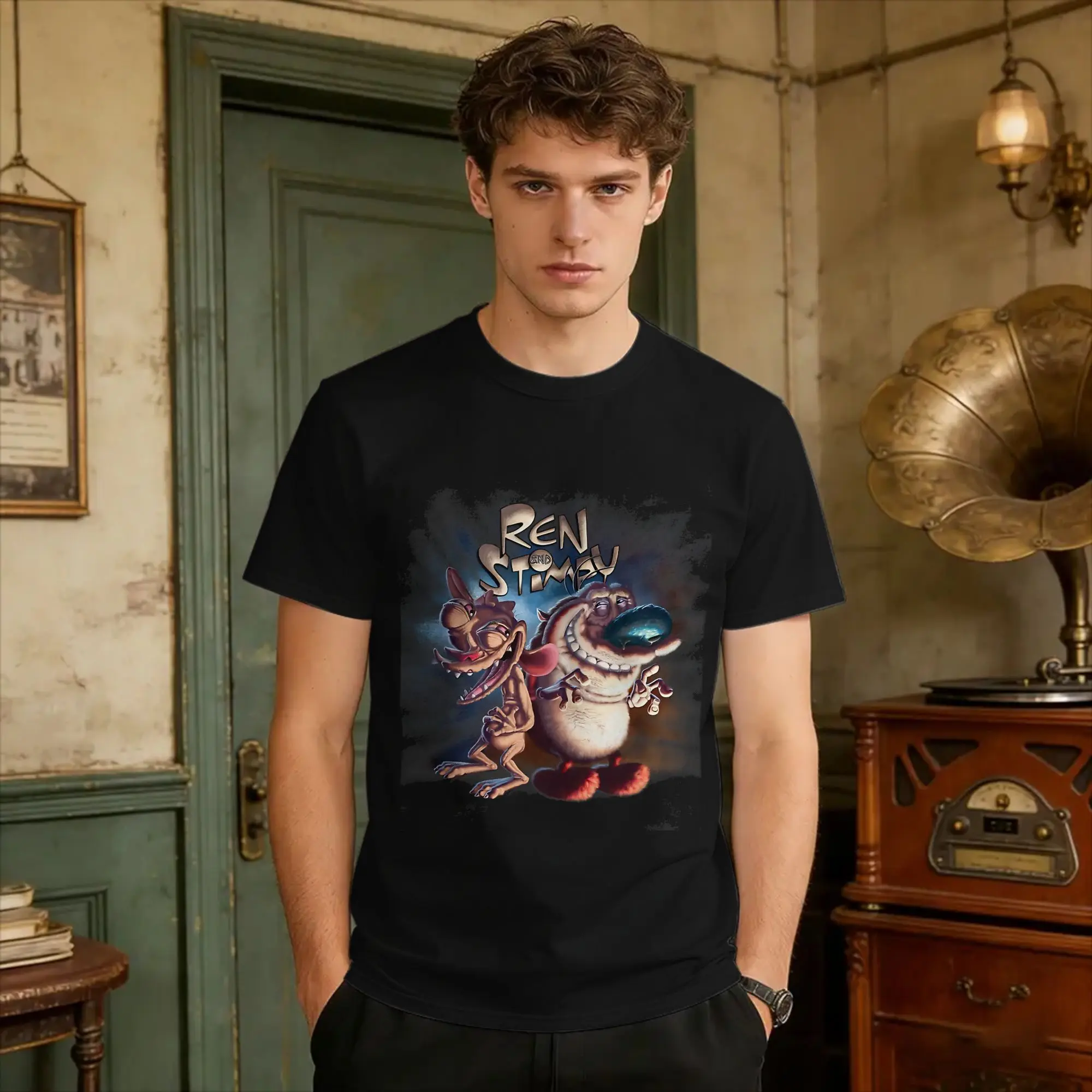 Streetwear T-Shirt Ren And Stimpy Realistic Humorous     Cotton T-Shirts  Hip Hop Tee Shirt for Men Summer Short Sleeve Tops