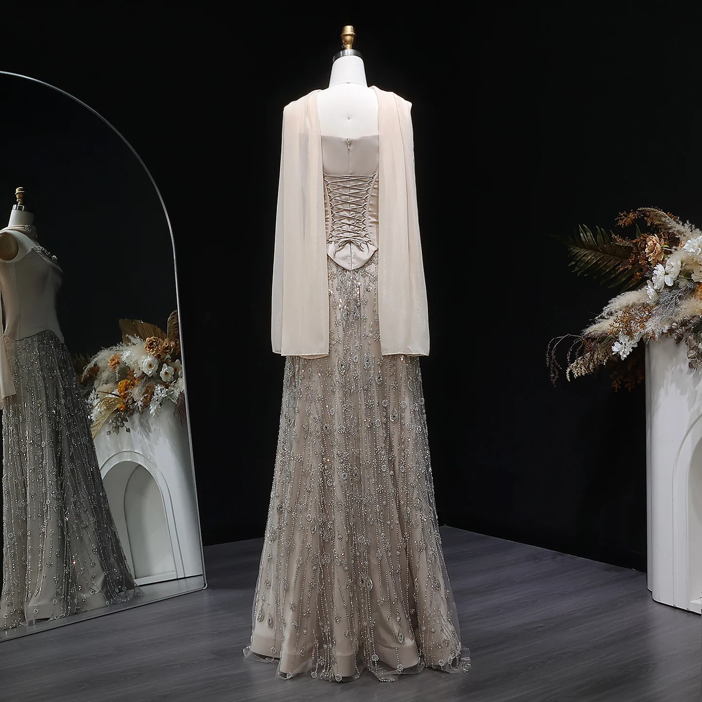 Sharon Said Arabisches Champagner-Perlen-Perlenbesetztes A-Linien-Abendkleid Schulterfrei mit Schal Damen Hochzeitsfeierkleid SS627 Maßanfertigung – Detail 20