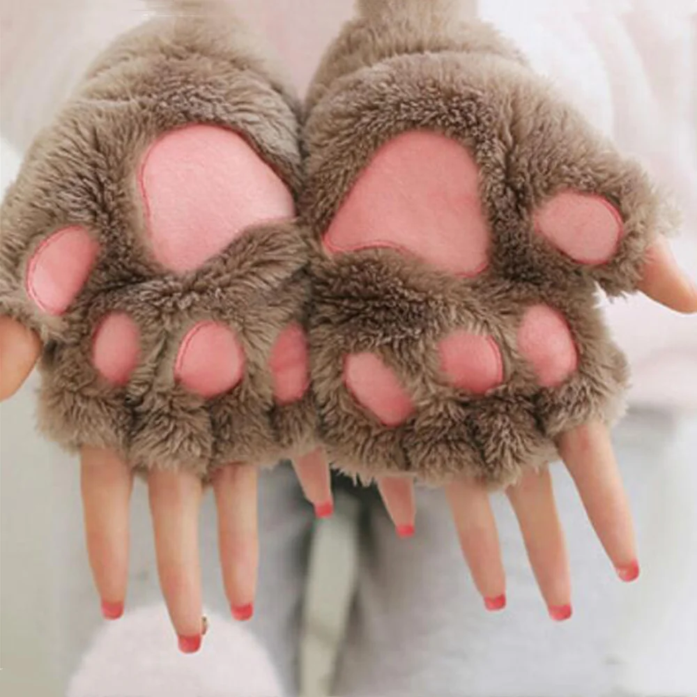 Women Cute Plush Cat Claw Paw Gloves For Girl Novelty Hand Warmer Flip Half Finger Gloves Winter Warm Fingerless Bear Cat Gloves