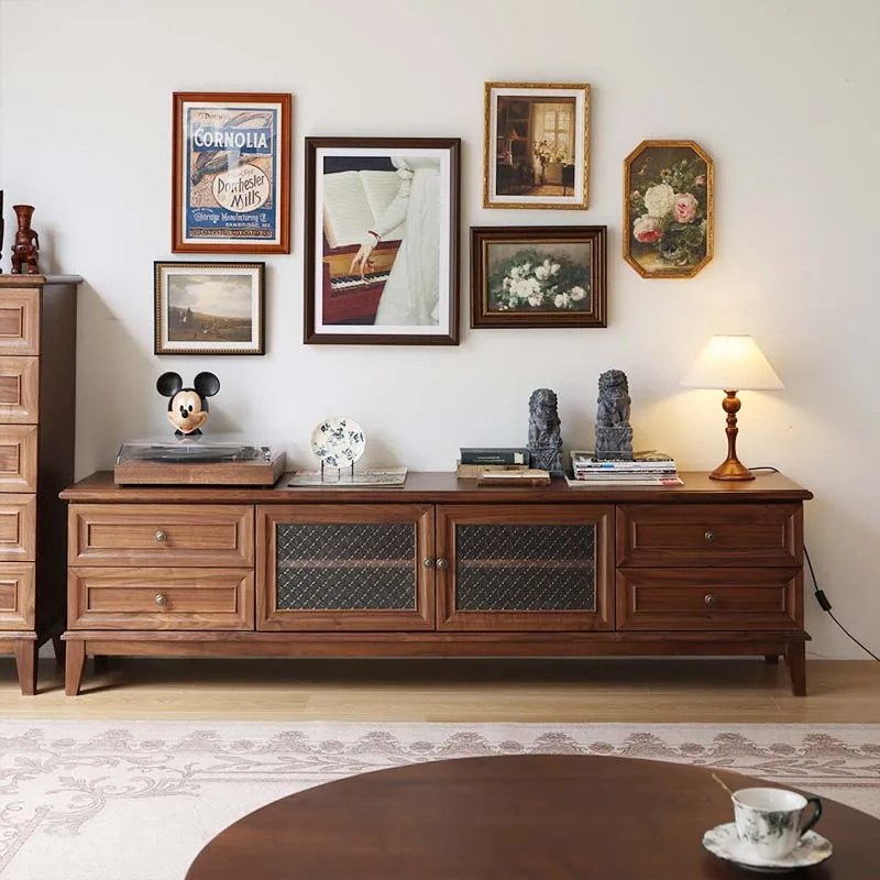 Solid wood TV cabinet North American black walnut hall cabinet Log retro storage locker Floor cabinet French living room 3