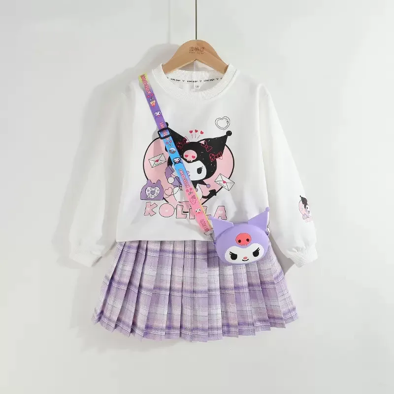 Sanrio Winter Girl Clothes Cartoon Kuromi Printed Autumn Long Sleeve SweaterShirt&Pleat Skirt  2pcs Child Girls Clothes