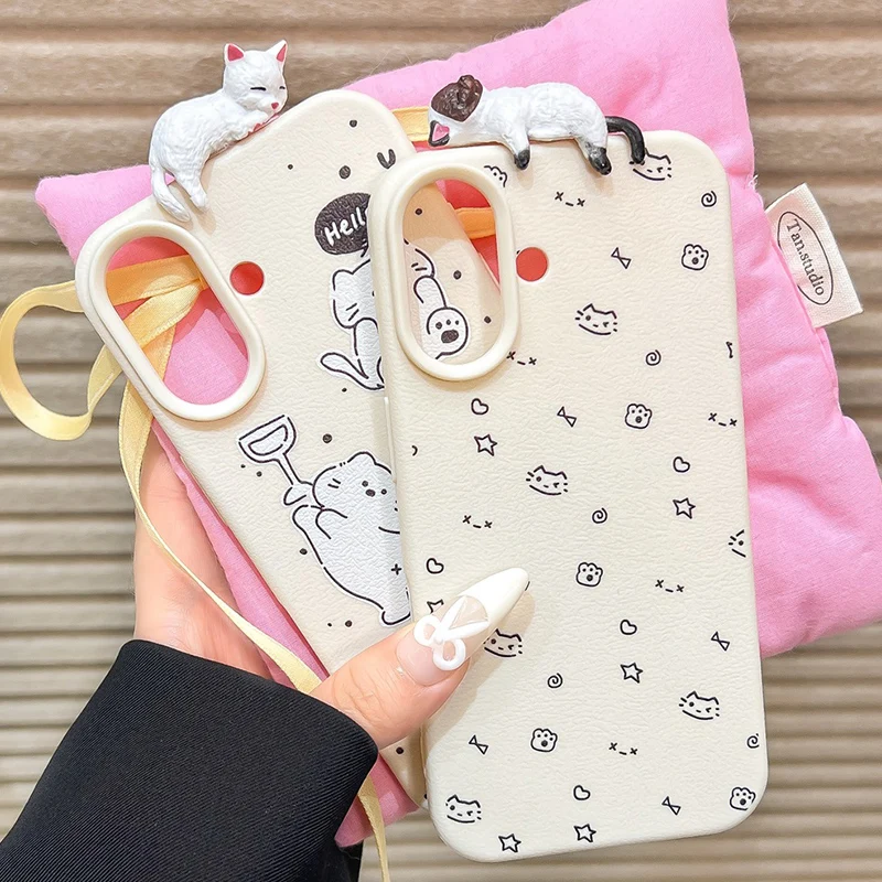

Korean Cute 3D Cartoon Lying Cat Phone Case For iPhone 16 Pro Case iPhone 15 14 11 12 13 Pro Max Plus Soft Leather Matte Cover