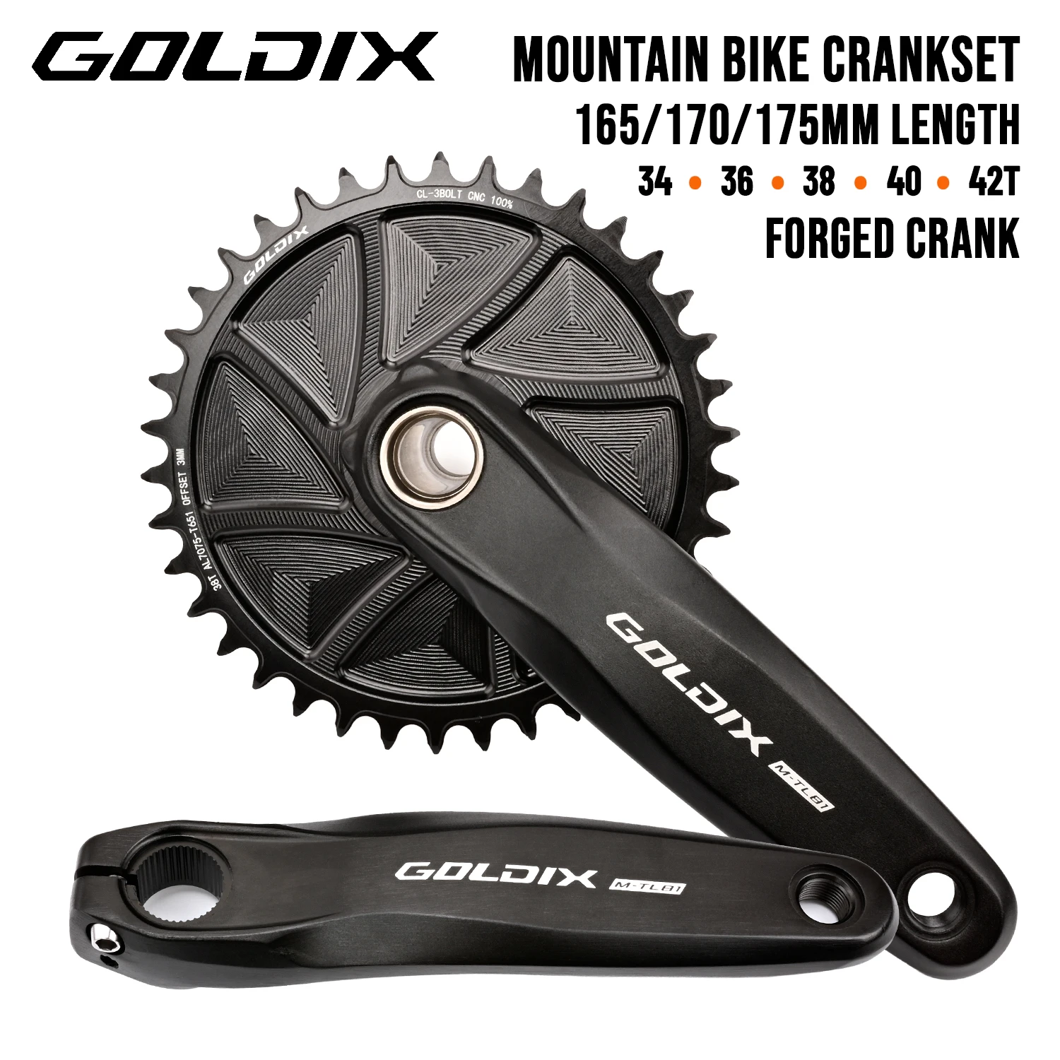 GOLDIX High-strength Bicycle Crankset 165/170/175mm Forged Alloy Crank Arm 3Bolt Direct Mount Narrow-wide Chainring For MTB Bike