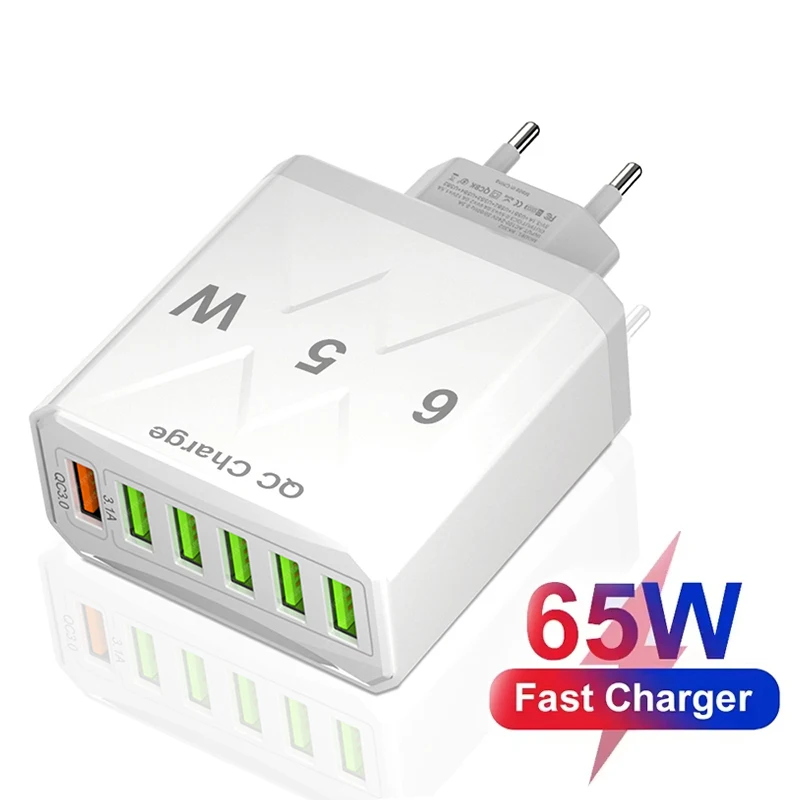 

65W 6 Ports USB Charger Fast Charging QC 3.0 Travel Wall Charger Mobile Phone Adapter EU KR US Plug For iPhone Samsung Xiaomi