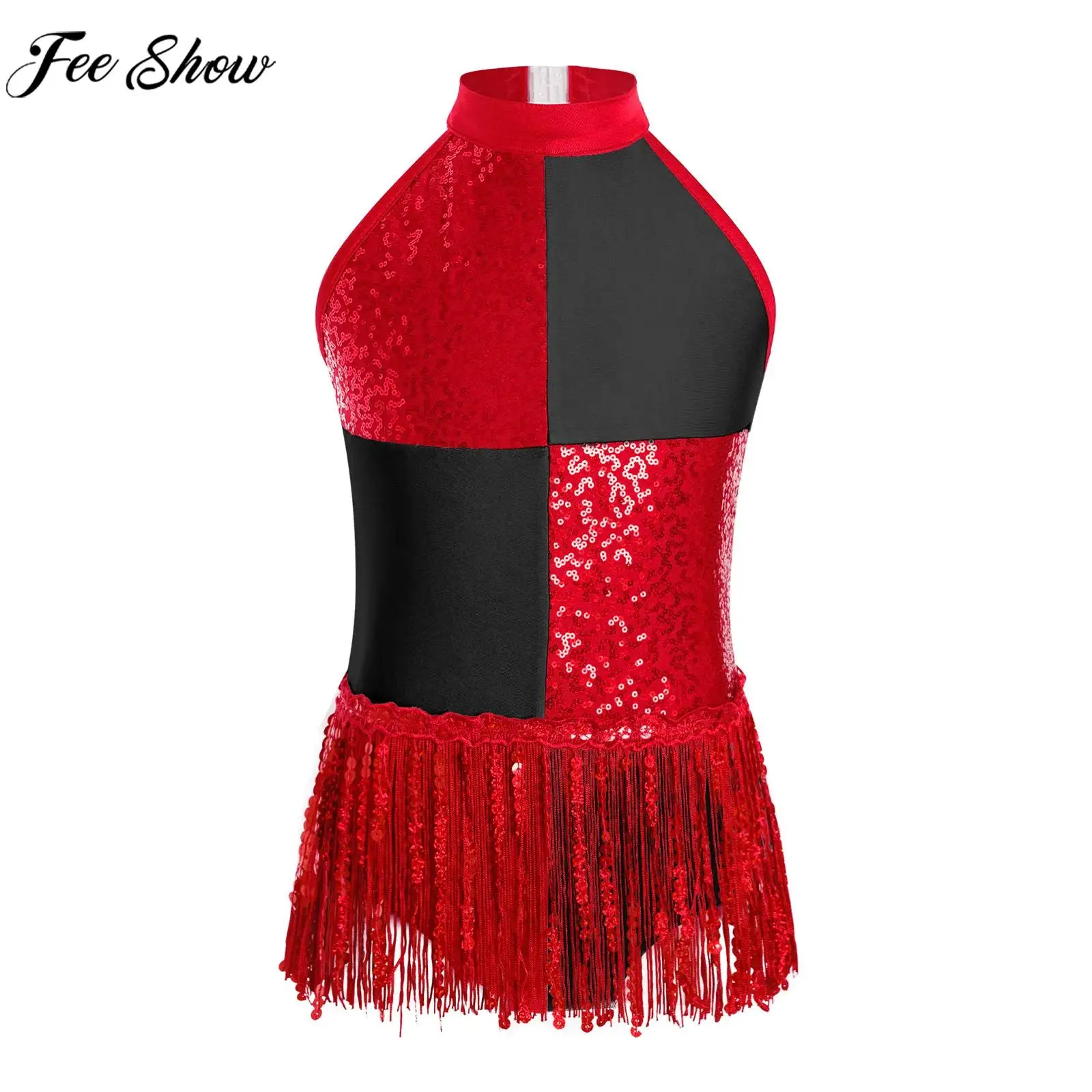 Child Girls Shiny Sequins Tassel Latin Jazz Dance Bodysuit Cha-cha Tango Samba Rumba Ballroom Skating Gymnastics Leotard Dress
